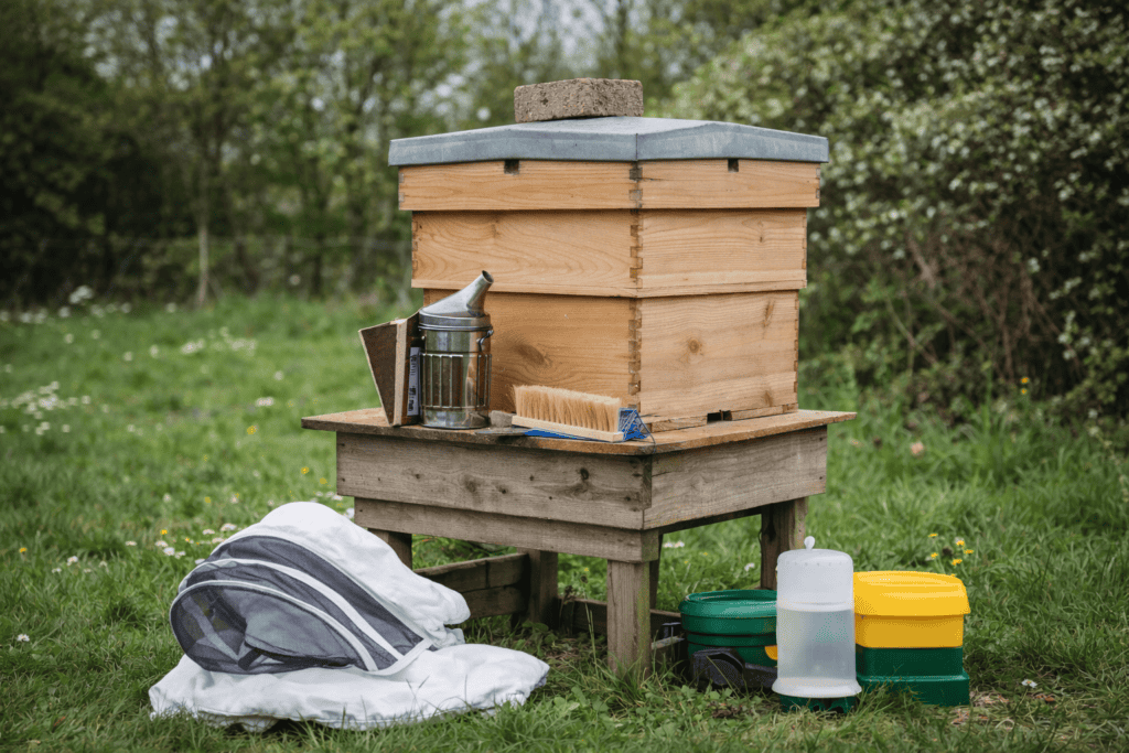 A beginner beekeeping setup with a National hive, smoker, bee suit, and tools in a UK garden.british honey