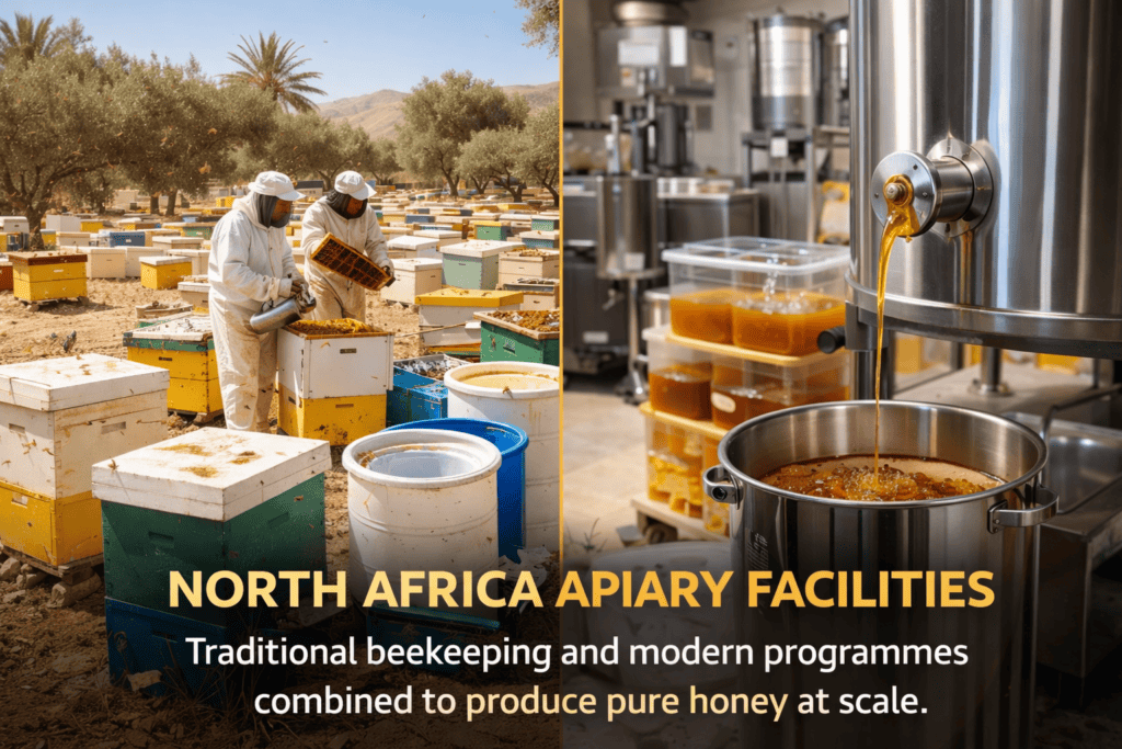 North African apiary facilities showing traditional beekeeping alongside modern honey processing equipment for local honey production.