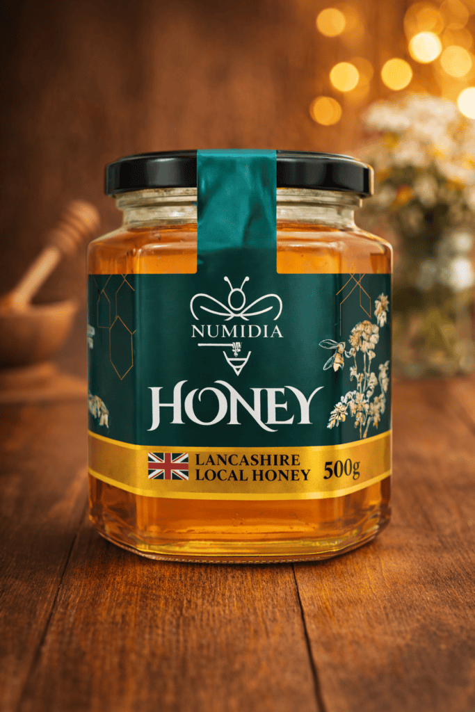 Premium Numidia 500g Lancashire Local Honey jar on a wooden base with warm background lights