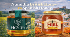 Numidia British Honey jar compared with Spanish honey jar showing quality and origin differences