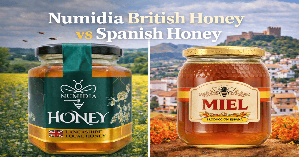 Numidia British Honey jar compared with Spanish honey jar showing quality and origin differences