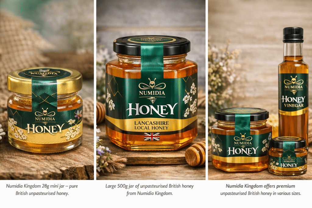 Premium British honey collection from Numidia, featuring 28g mini jars, 500g local honey, and premium honey vinegar displayed on a rustic wooden background.