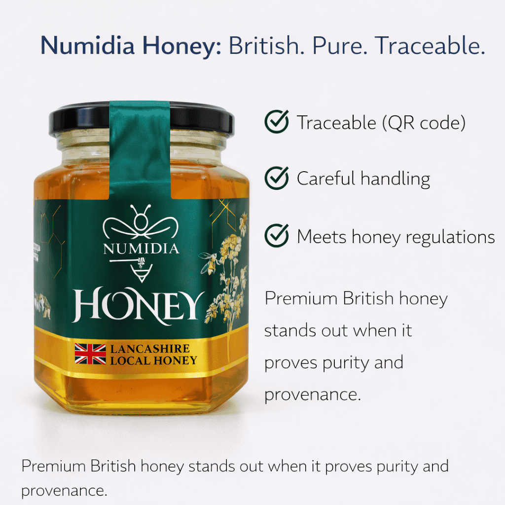 Numidia Honey jar showcasing premium British honey with quality checklist highlighting traceability, careful handling, and compliance with honey standards.