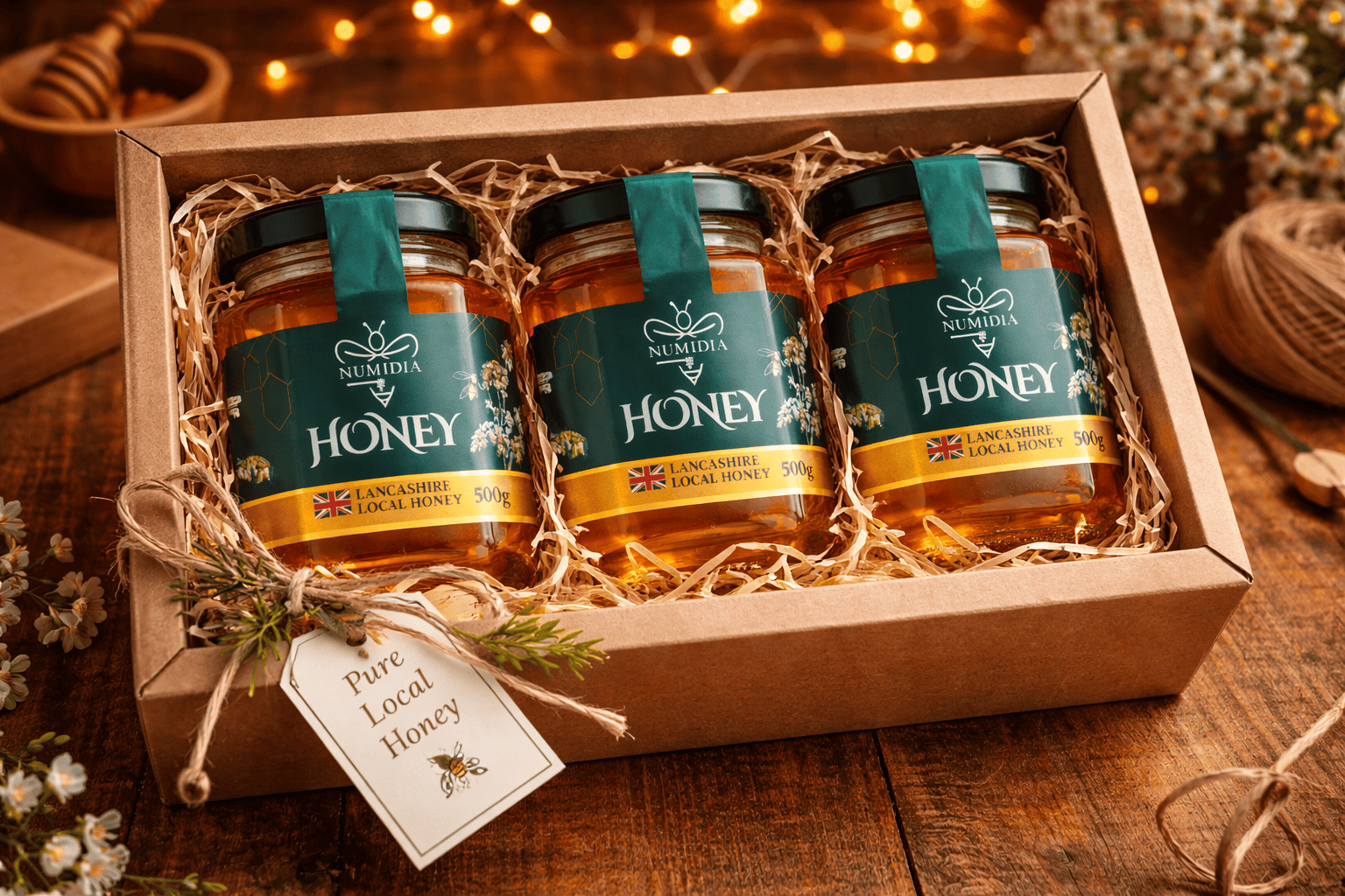 Three 500g Numidia Lancashire Local Honey jars arranged in a premium kraft gift box with straw filling on a wooden background.