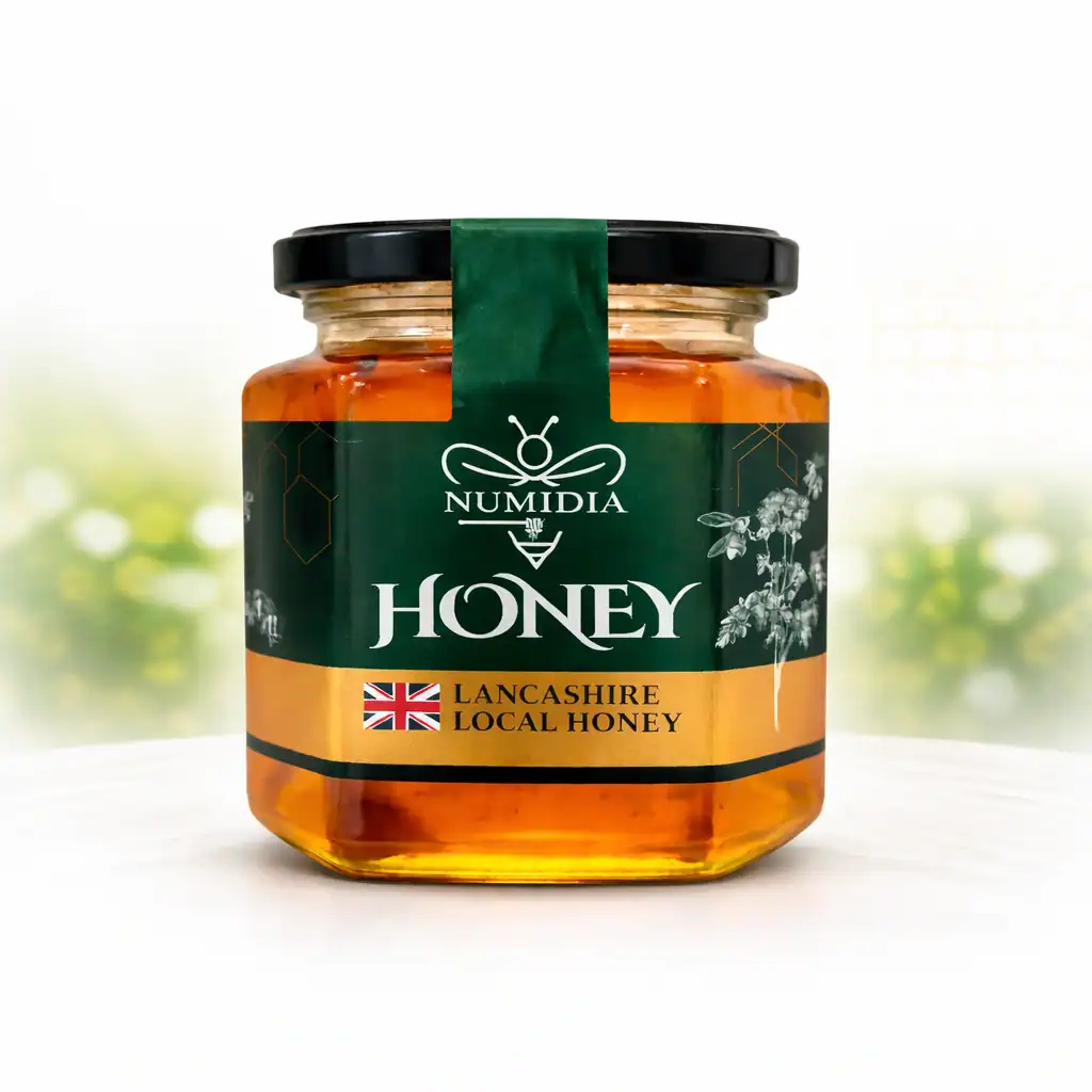 Numidia Honey jar showing Lancashire local British honey in premium packaging