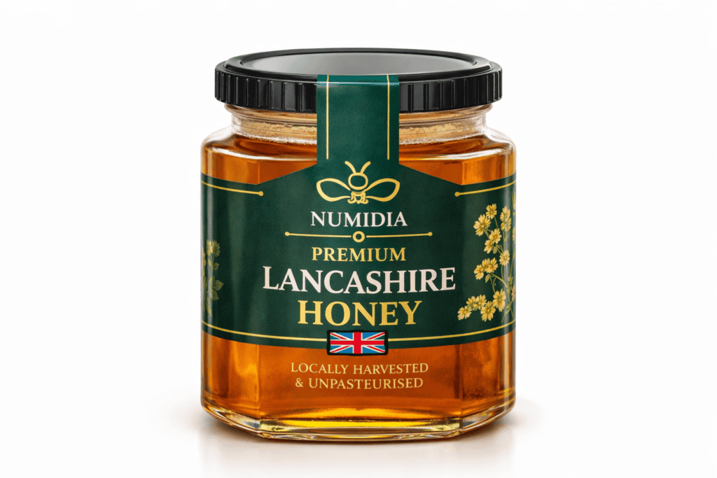 Jar of Numidia Premium Lancashire Honey, locally harvested, displayed on a clean white background for product presentation.