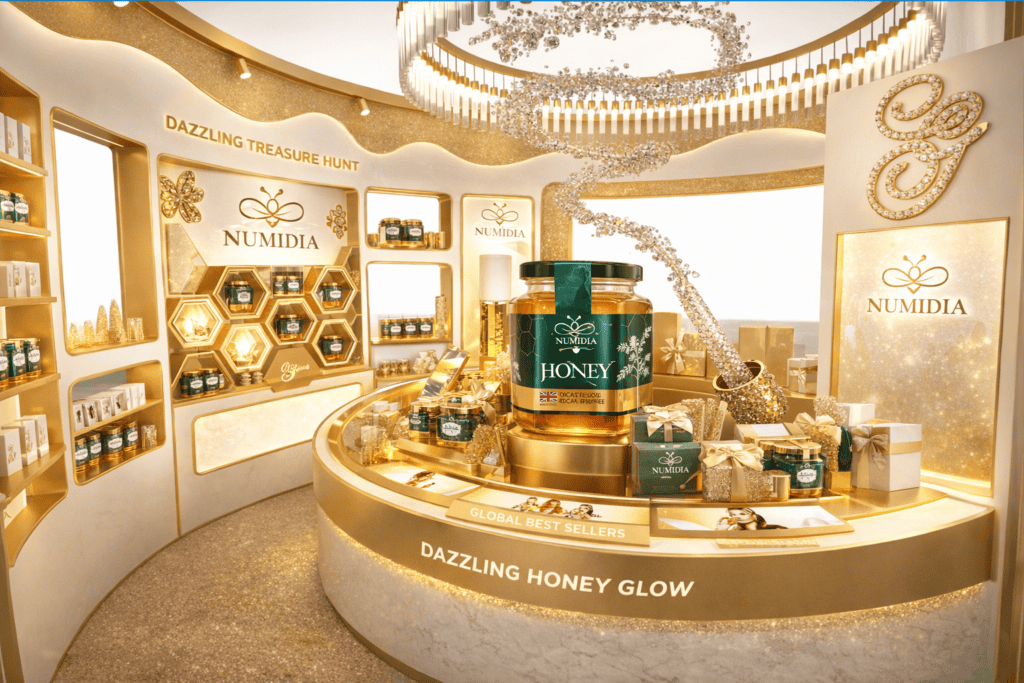 Luxury Numidia Honey boutique with golden luxury displays, emerald jars, gift packaging, and elegant honey presentation.