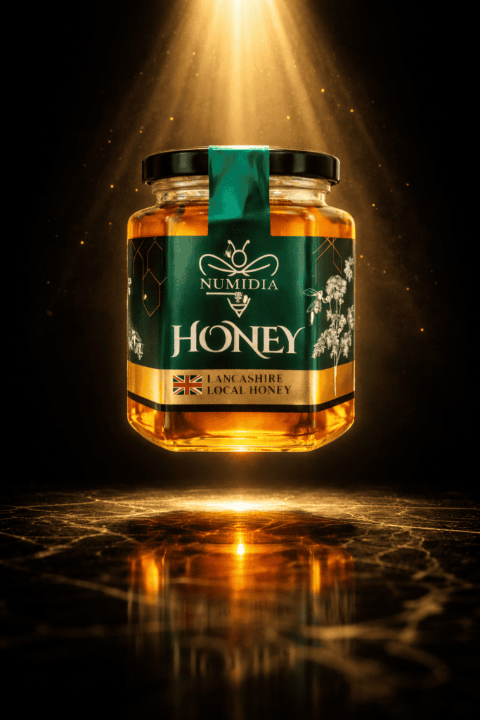 Floating jar of Numidia Luxury Honey under gold spotlight on a black background, premium studio lighting.