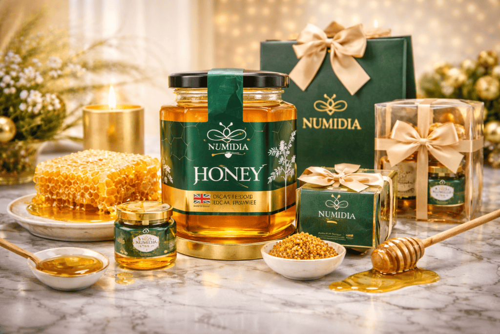 A luxury display of Numidia premium Honey products, including luxury raw honey jars, mini jars, honeycomb, and gift packaging arranged on a marble table with gold lighting.