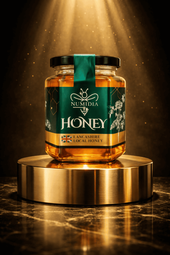 Numidia luxury honey jar displayed on a gold pedestal with dramatic lighting, showcasing premium lamcashire honey in a high-end design.