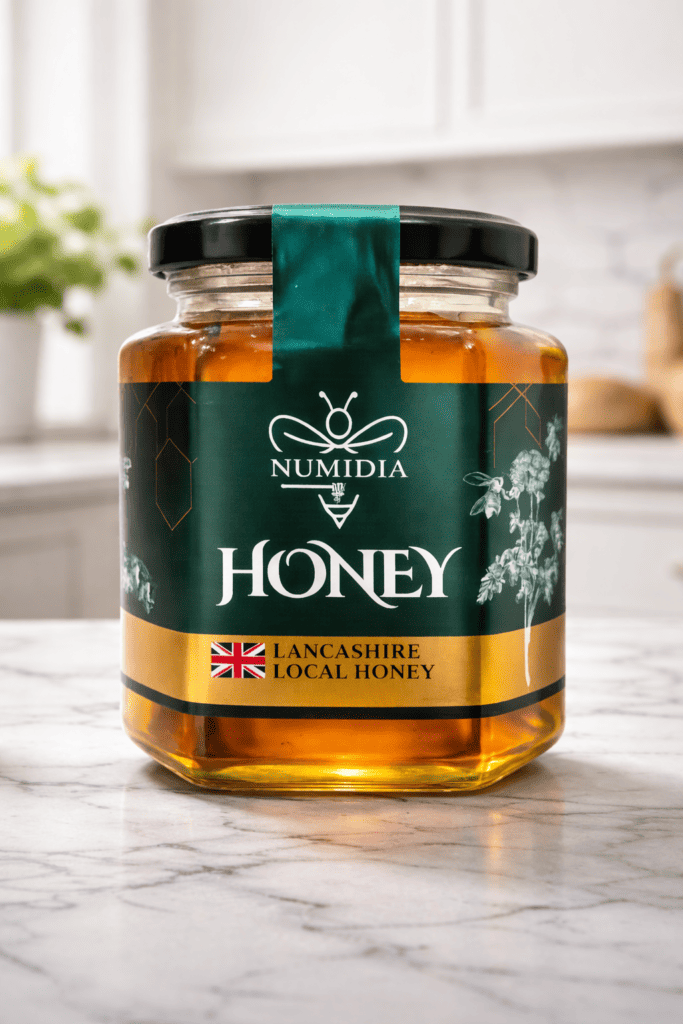 Luxury Numidia Lancashire honey jar displayed on a white marble countertop with a bright kitchen background.
