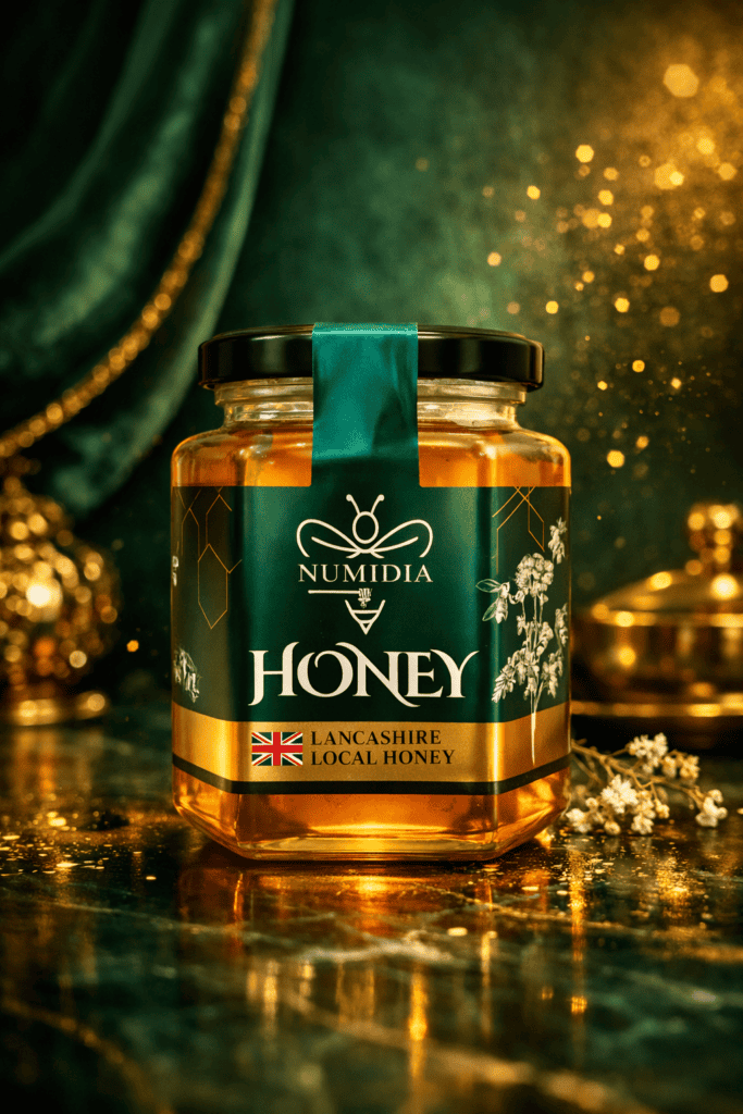 Numidia Luxury Lancashire Raw british Honey Jar – premium British honey in an elegant green and gold design, premium honey