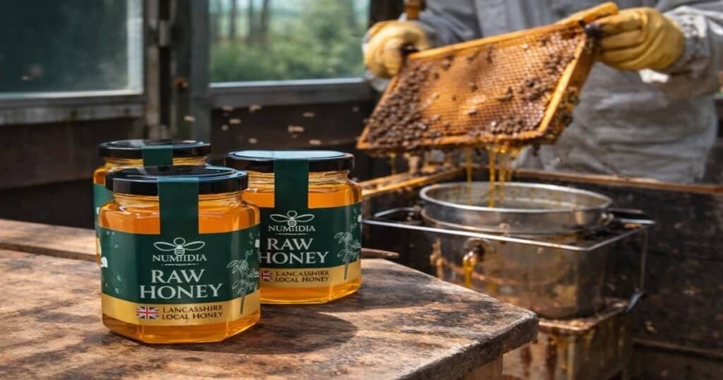 Numidia Raw Honey jars in a Lancashire apiary during fresh honeycomb extraction — authentic British local honey