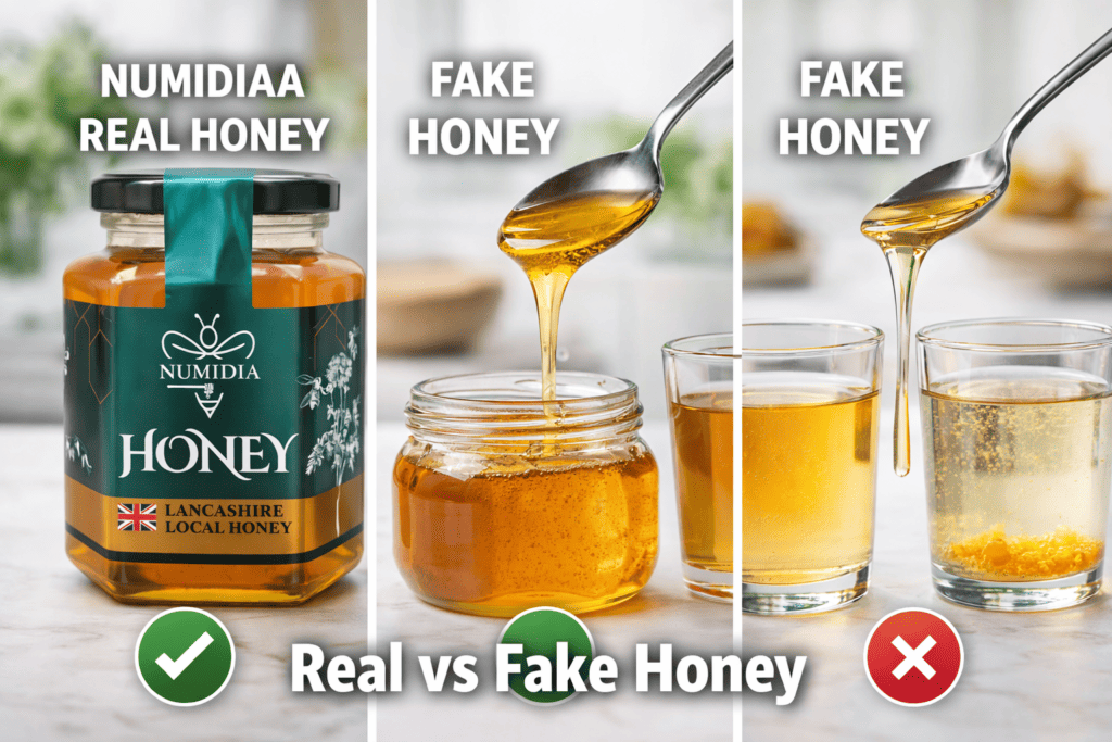 Comparison image showing Numidiaa real British honey versus fake honey, highlighting crystallisation, thickness, and water test differences.