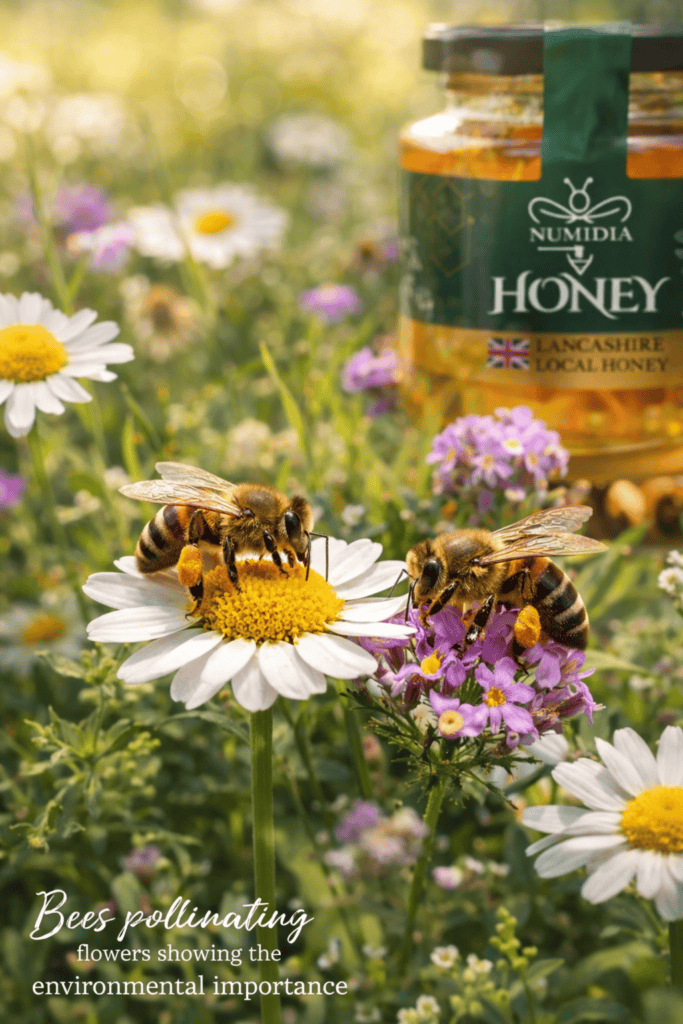 Bees pollinating flowers showing the environmental importance of pollen and its link to pure honey.