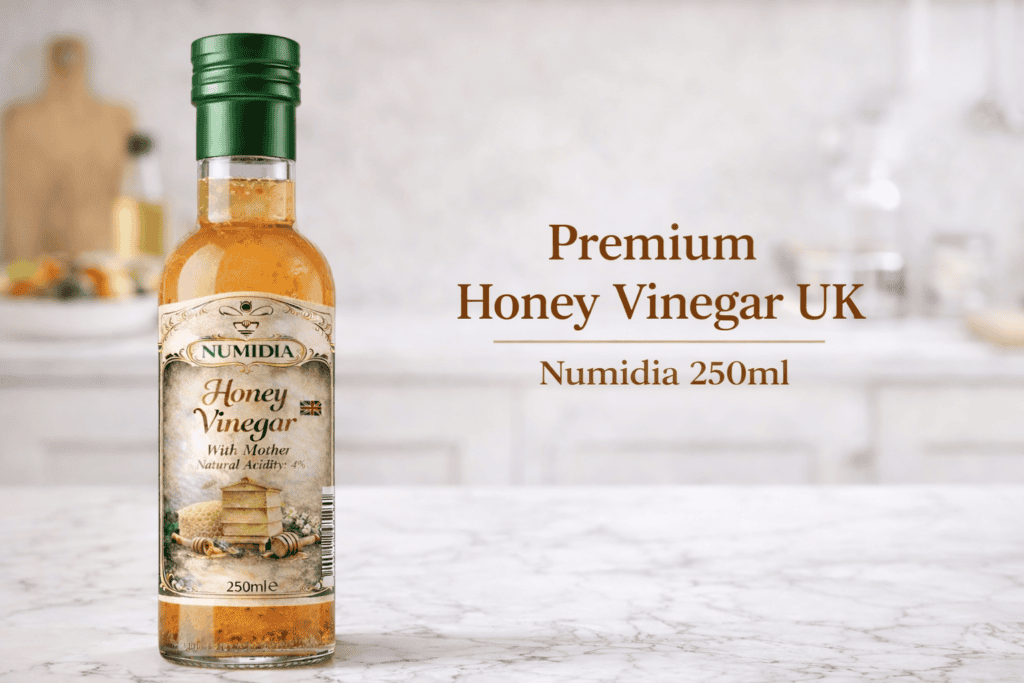 Premium Honey Vinegar UK 250ml – Numidia British Honey Vinegar with the Mother on marble surface