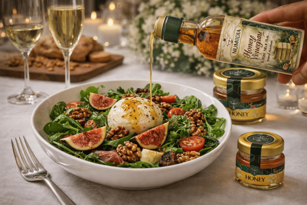 luxury honey vinegar used in luxury wedding salad dressing, poured over gourmet burrata fig salad at an elegant wedding dinner – Numidia Honey UK.