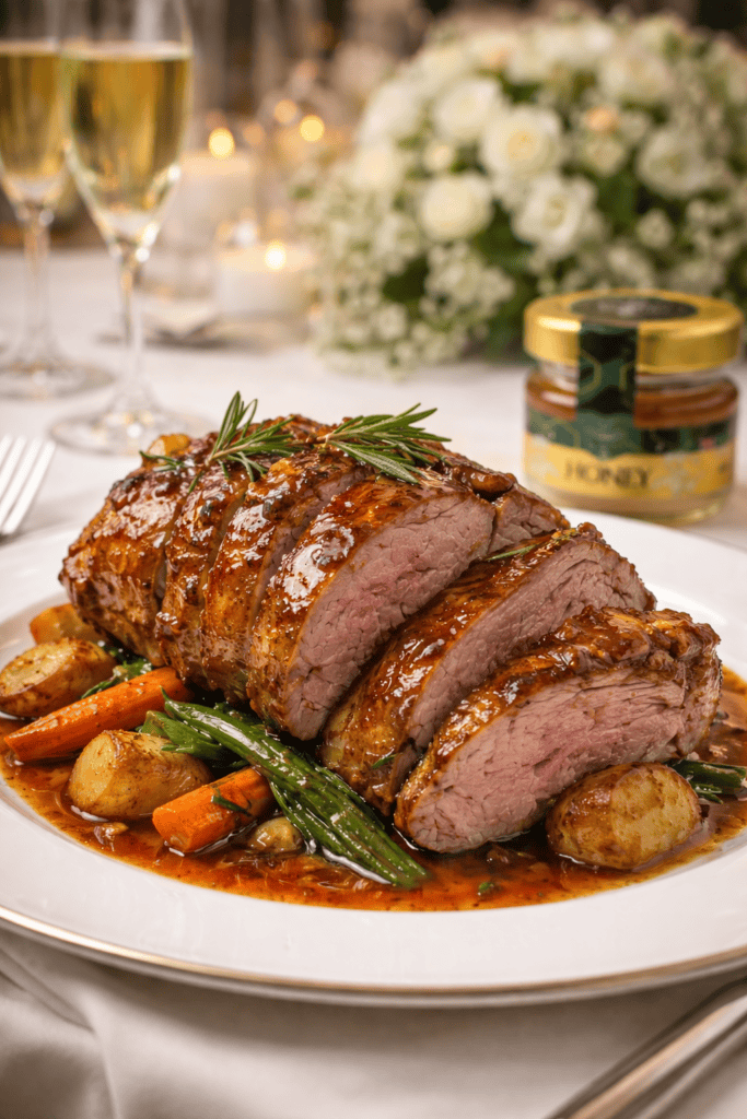 wedding honey glaze on roasted lamb served at a luxury wedding reception using Numidia Honey UK.