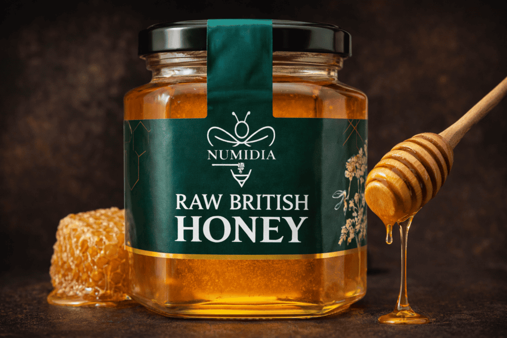 pure British honey jar by Numidia Lancashire local honey on dark luxury background with honeycomb and dripping dipper