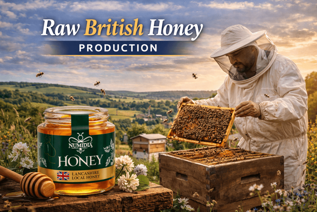 British honey production in the UK featuring Numidia Lancashire local honey jar and beekeeper inspecting honeycomb