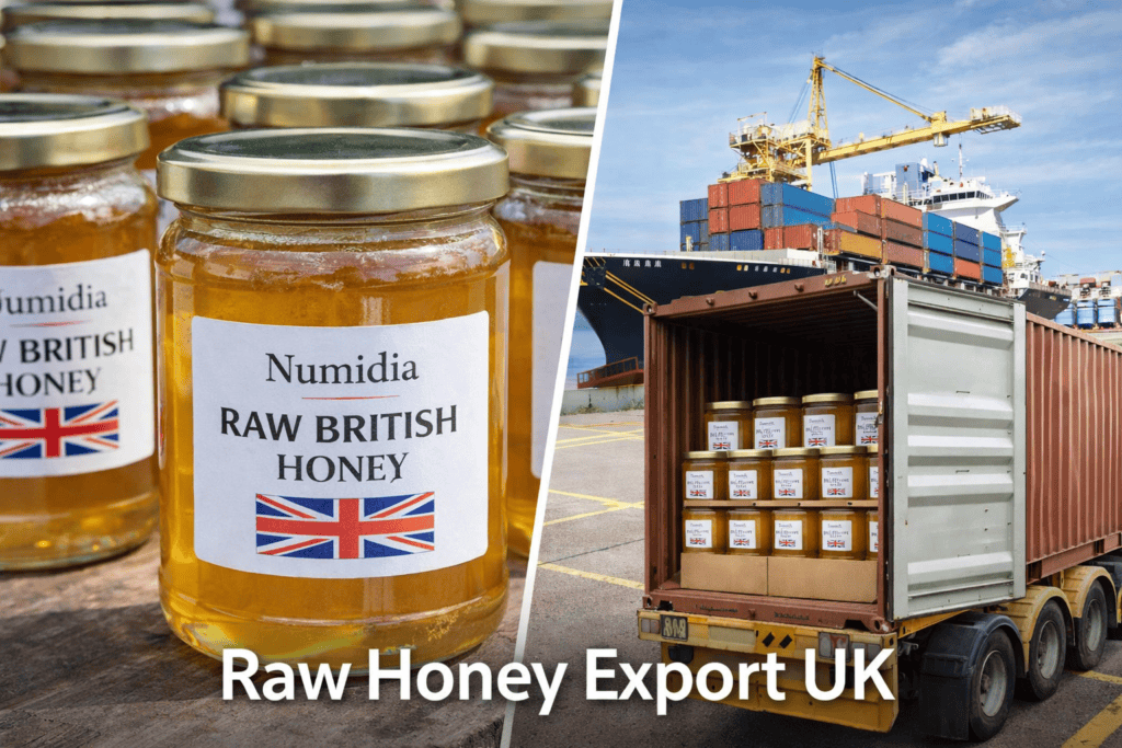 British honey jars prepared for export with UK containers and cargo ship