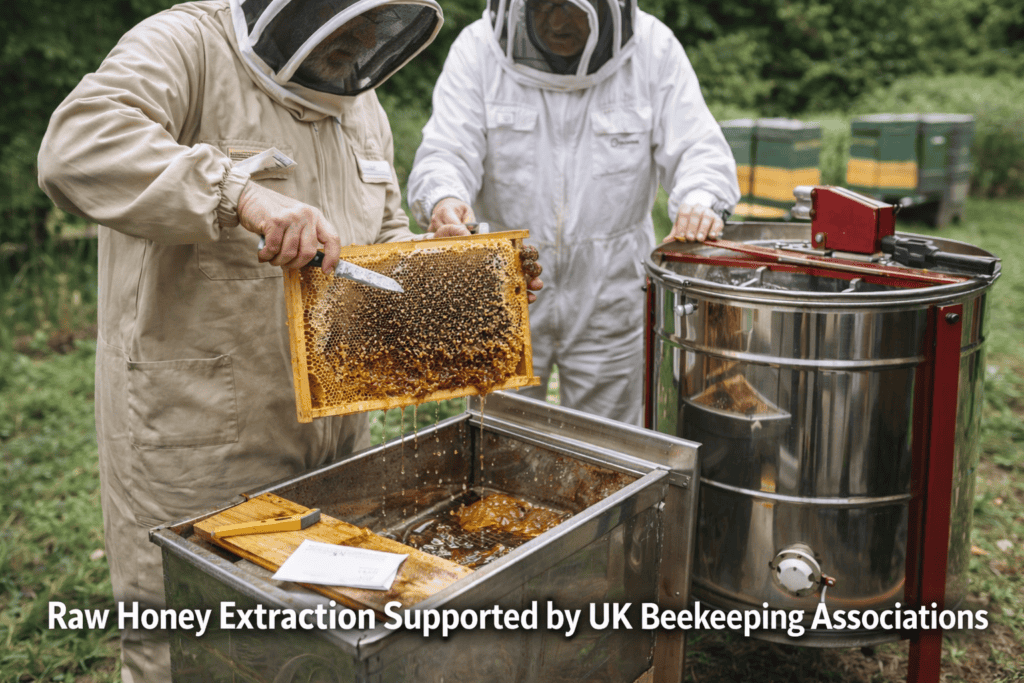 Two British beekeepers extracting raw honey with support from a UK beekeeping association, demonstrating safe and sustainable honey production.