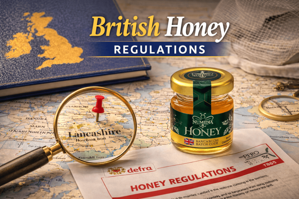 Small honey jar 28g Numidia Lancashire local honey displayed with British honey regulations and UK traceability documents