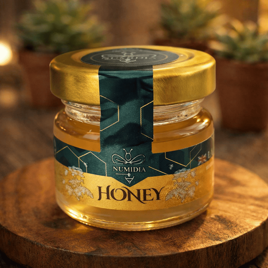 Small honey jars uk displayed on a wooden base with premium warm lighting, featuring the Numidia Honey label and gold lid.