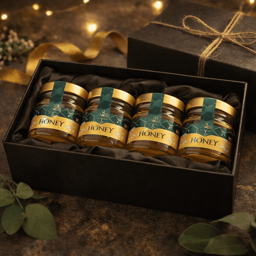 Luxury small honey jar gift set featuring Numidia mini honey jars arranged inside a premium black gift box.
