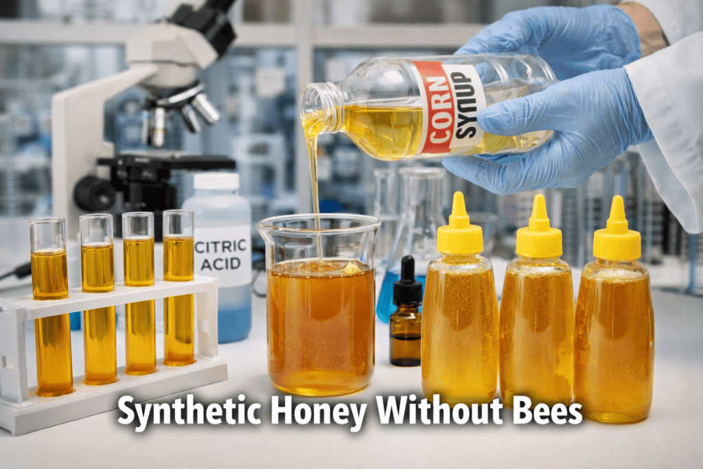 Artificial honey-like syrup created in laboratory conditions using sugar, colourants, and additives