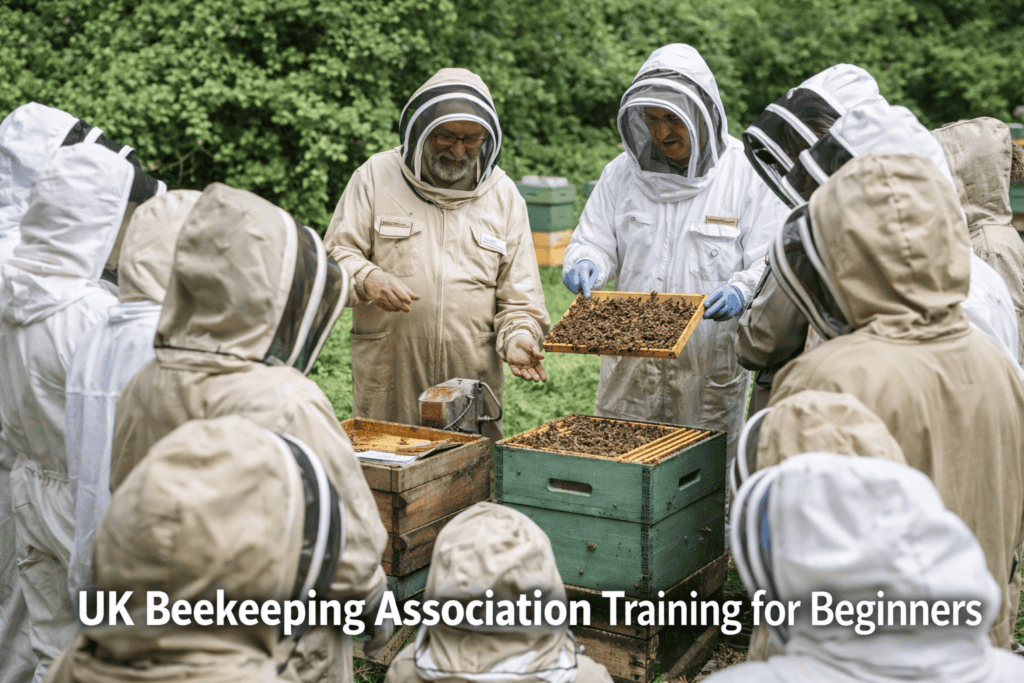 Beekeeping association training session in the UK with new beekeepers learning hive inspection outdoors.
