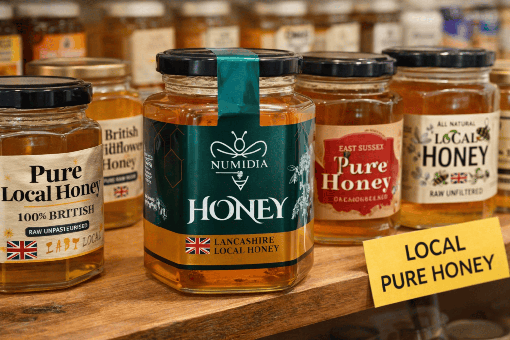 Numidia Honey competing with other local honey and pure honey brands in the UK market on a wooden shelf.