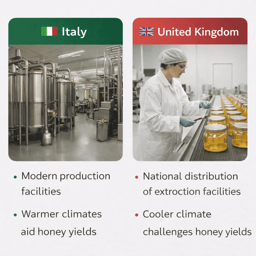 “Infographic comparing honey production in the UK and Italy, showing facility differences, climate effects, and British honey quality.”