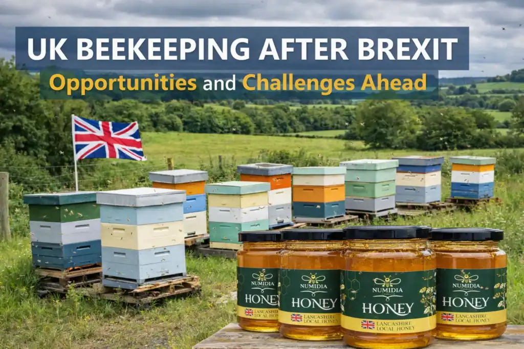 UK beekeeping apiary after Brexit with Union Jack flag and Numidia Honey jars in the foreground