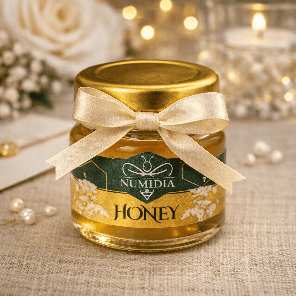 Numidia 28g wedding honey jar styled with a satin ribbon on linen fabric, used as a luxury small honey gift for weddings.honey wedding favours