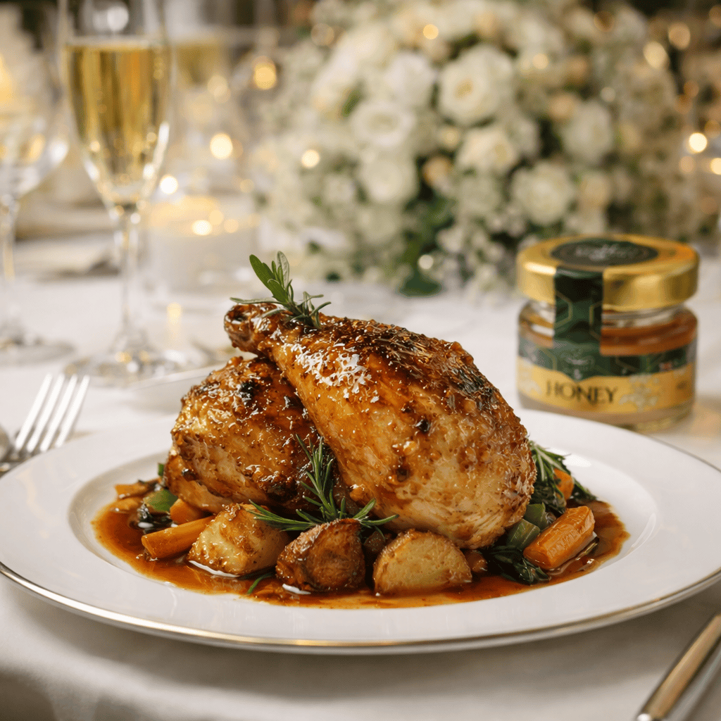 Wedding honey glazed roasted chicken served at a luxury wedding reception using Numidia premium wedding honey.