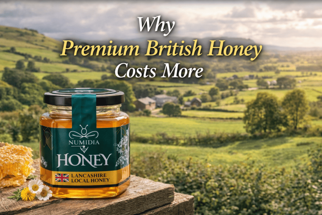 Premium British Honey Numidia jar with countryside background representing local UK honey production