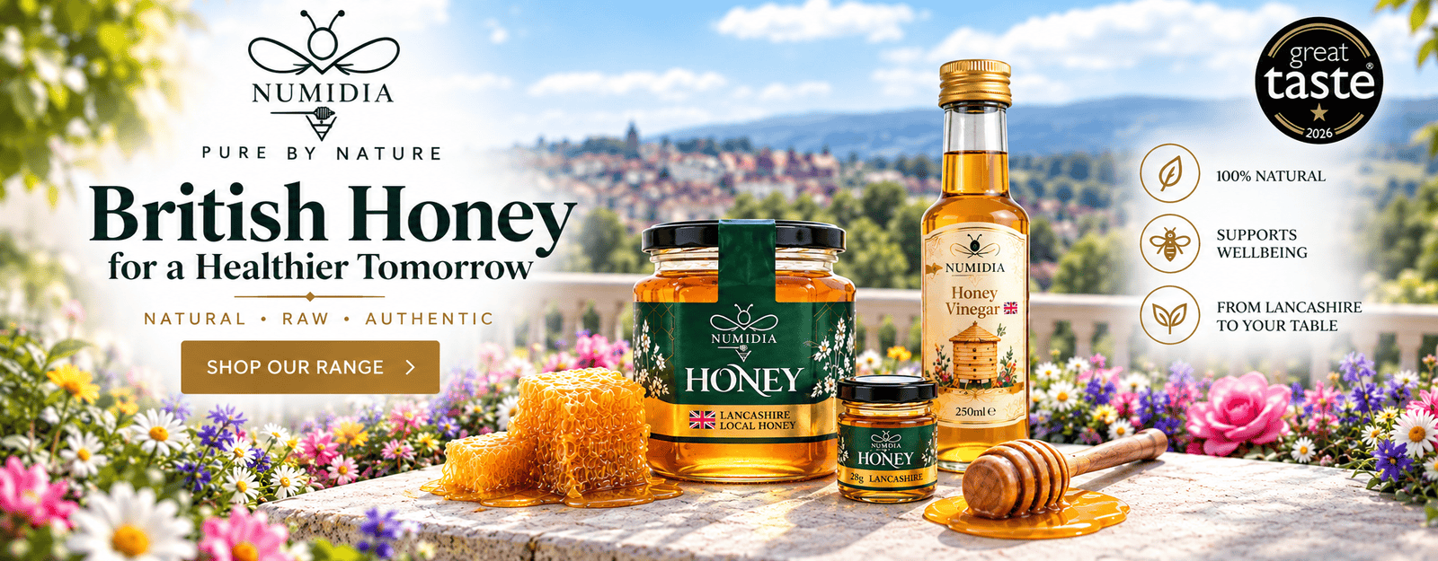 Numidia British honey, honey vinegar and mini honey jar with Great Taste Award 2026